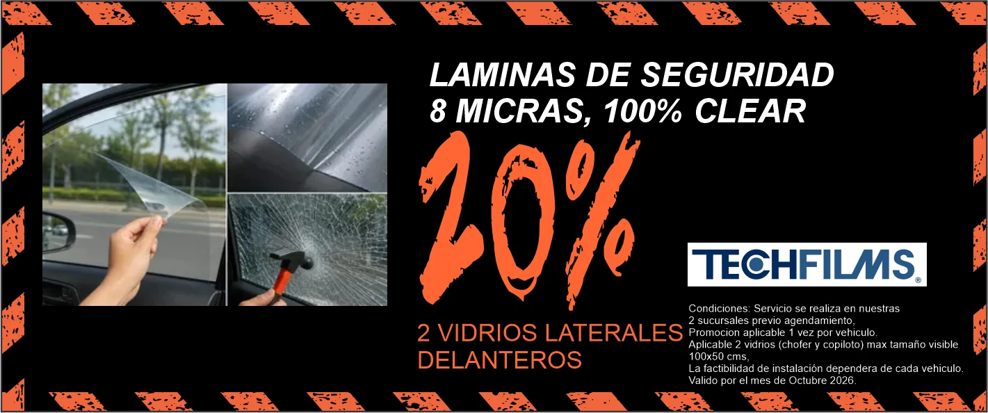 Láminas de seguridad Techfilms 8 micras 100% clear con 20% de descuento en 2 vidrios laterales delanteros — Antocarz